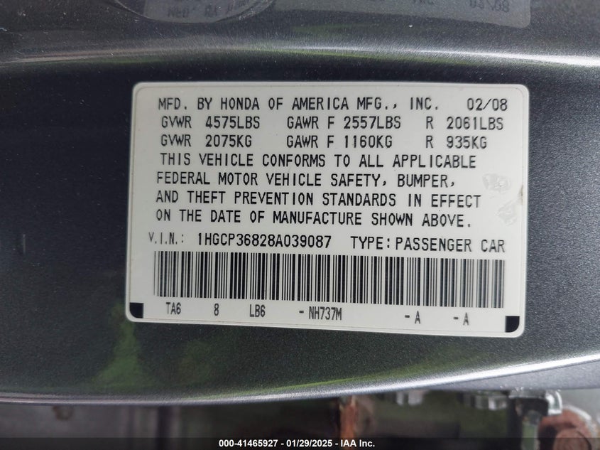 2008 HONDA ACCORD VIN: 1HGCP36828A039087