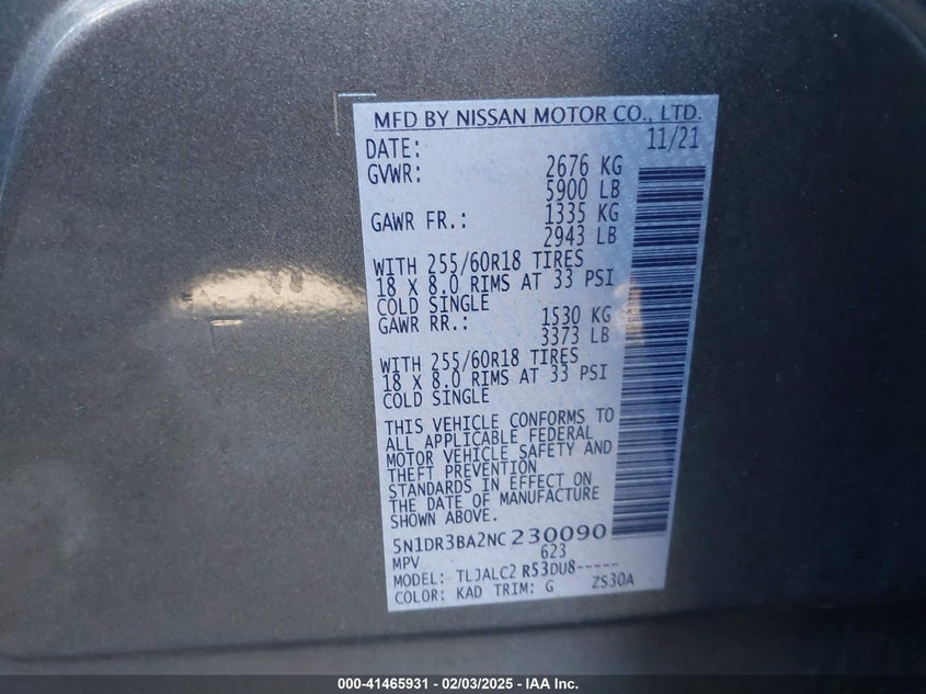 2022 NISSAN PATHFINDER VIN: 5N1DR3BA2NC230090