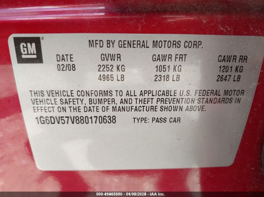 2008 Cadillac Cts Standard VIN: 1G6DV57V880170638 Lot: 41465950