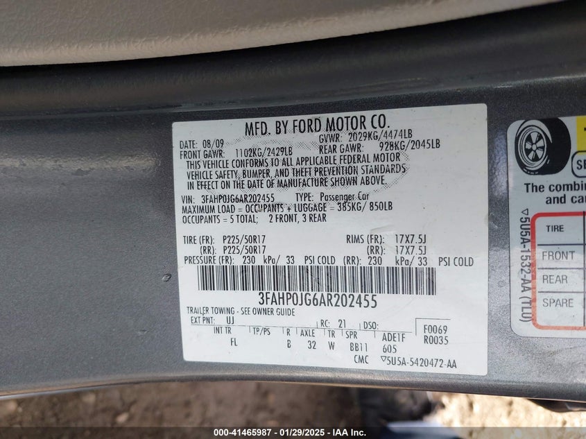 2010 FORD FUSION VIN: 3FAHP0JG6AR202455