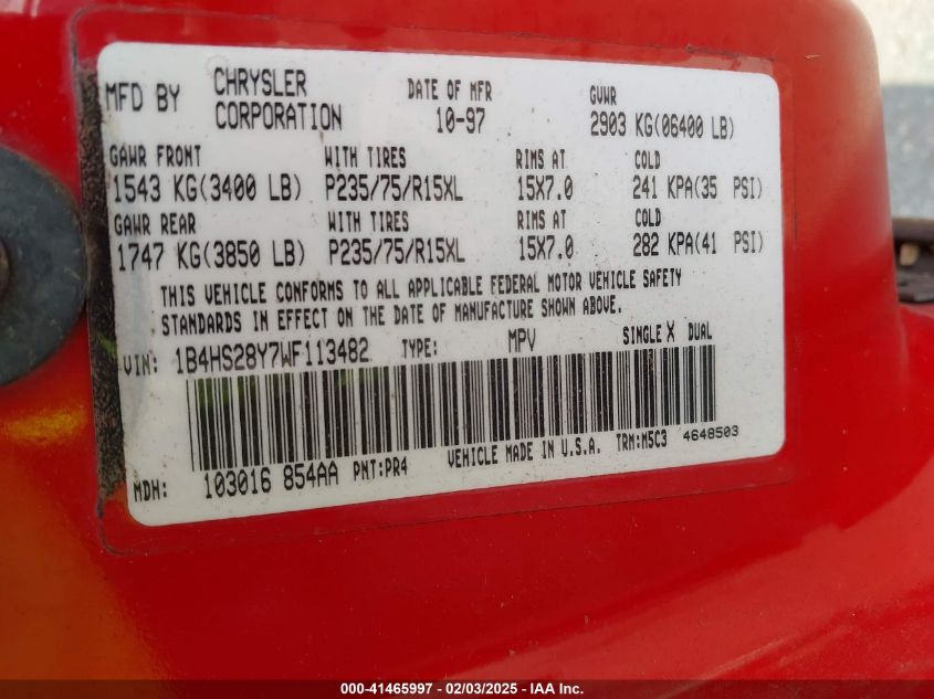1998 Dodge Durango Slt VIN: 1B4HS28Y7WF113482 Lot: 41465997