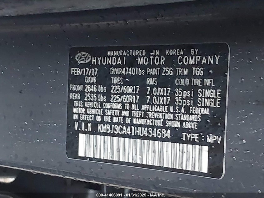 2017 HYUNDAI TUCSON VIN: KM8J3CA41HU434684