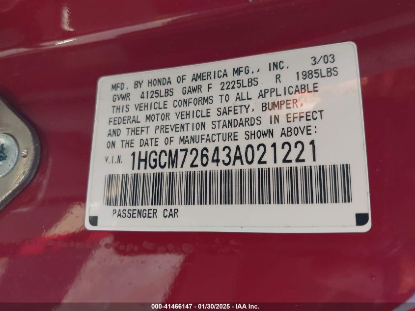 2003 Honda Accord 2.4 Ex VIN: 1HGCM72643A021221 Lot: 41466147