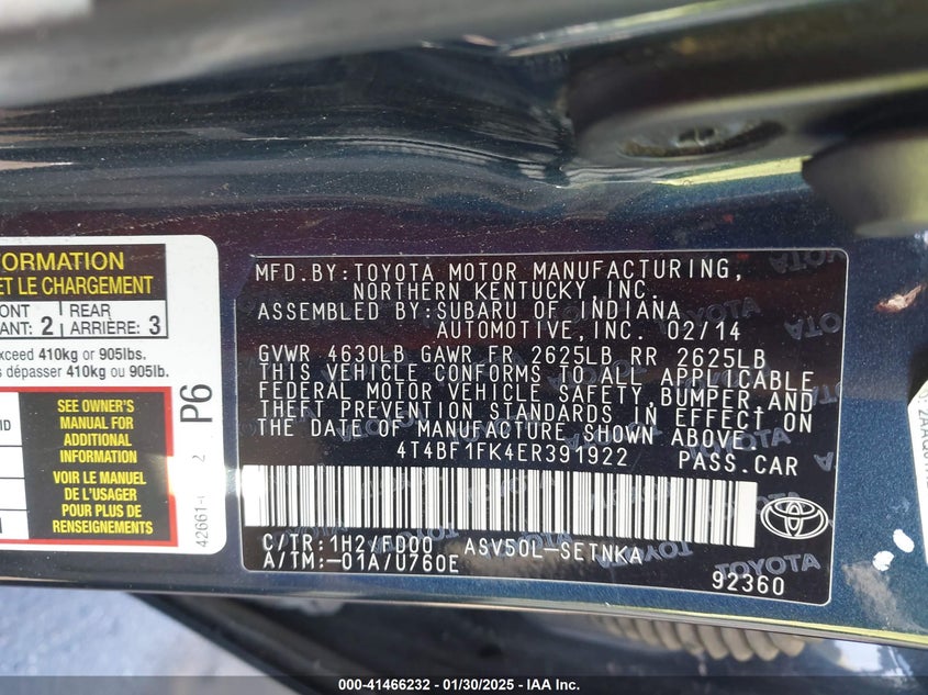 2014 TOYOTA CAMRY VIN: 4T4BF1FK4ER391922