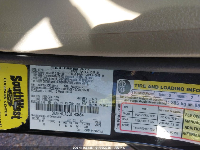 2012 FORD FUSION VIN: 3FAHP0JA3CR143654