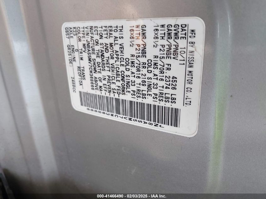 2012 Nissan Rogue S VIN: JN8AS5MV7CW368666 Lot: 41466490