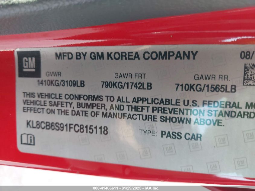 2015 Chevrolet Spark Ls Cvt VIN: KL8CB6S91FC815118 Lot: 41466611