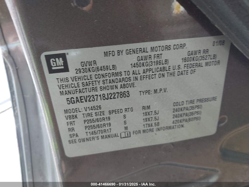 2008 Buick Enclave Cxl VIN: 5GAEV23718J227863 Lot: 41466690