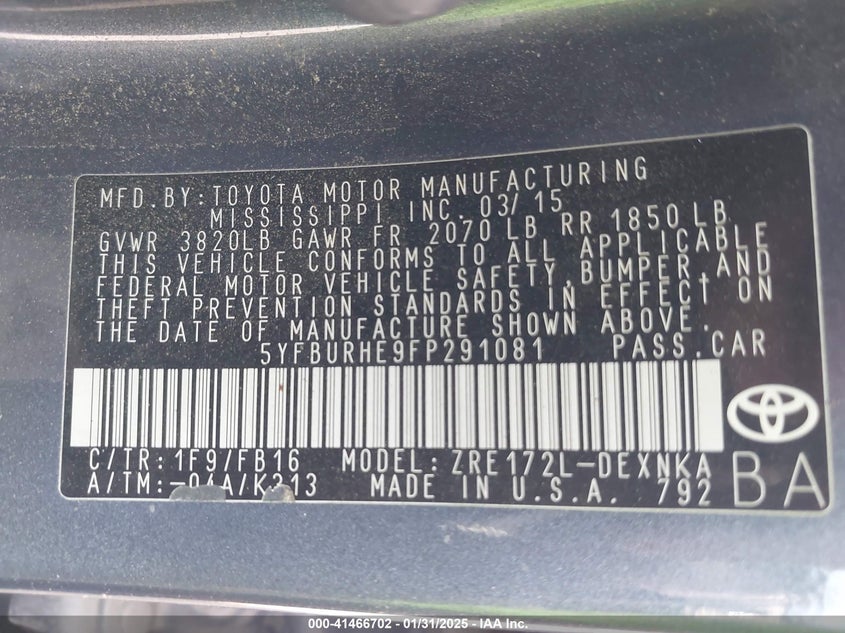 2015 TOYOTA COROLLA VIN: 5YFBURHE9FP291081