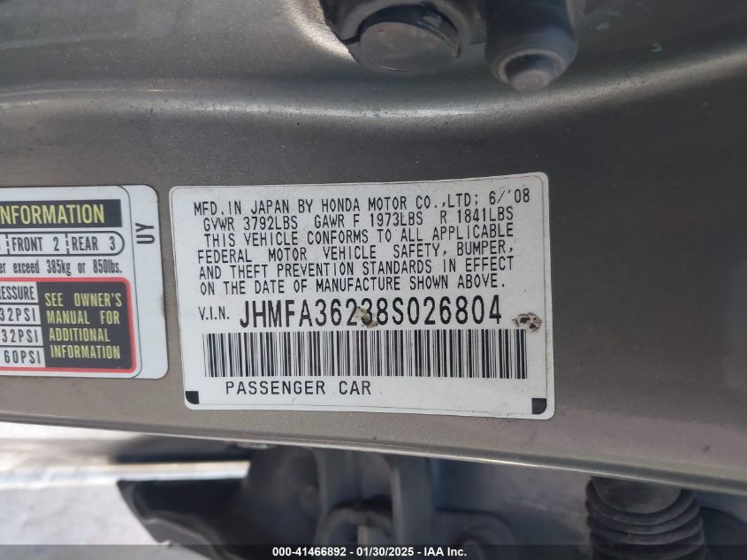2008 Honda Civic Sedan Hybrid VIN: JHFMA36238S026804 Lot: 41466892
