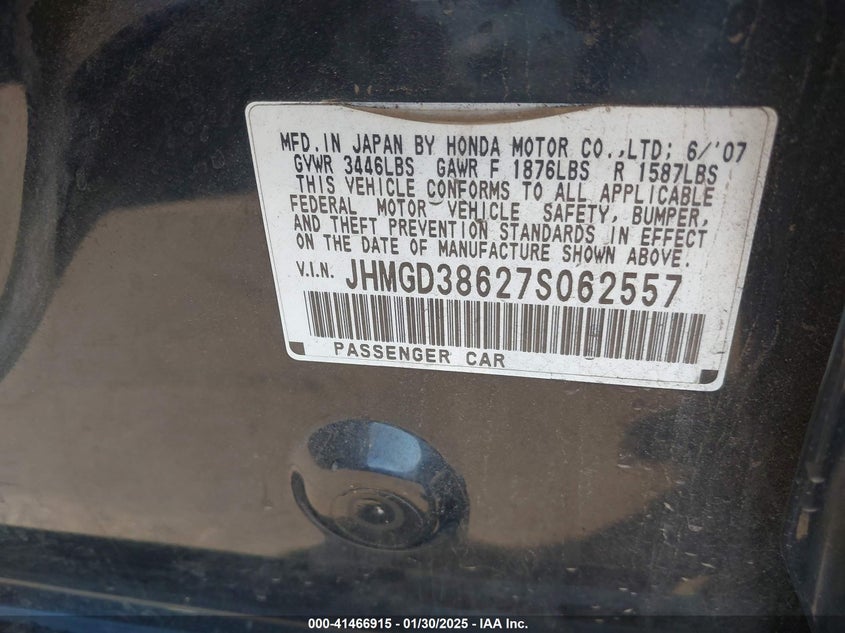 2007 HONDA FIT VIN: JHMGD38627S062557