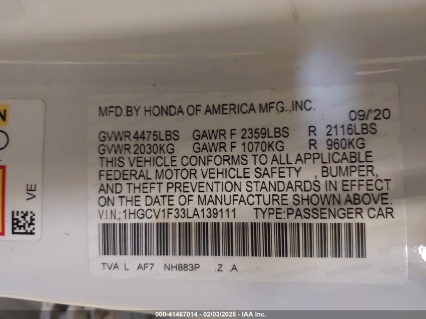 2020 HONDA ACCORD VIN: 1HGCV1F33LA139111