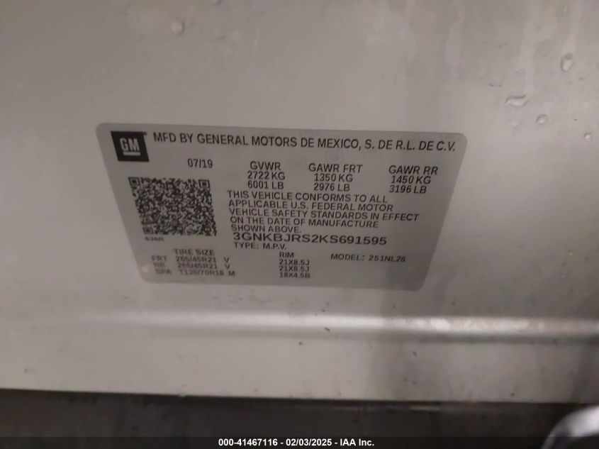 2025 Chevrolet Blazer Awd 3Lt VIN: 3GNKBJRSKS691595 Lot: 41467116