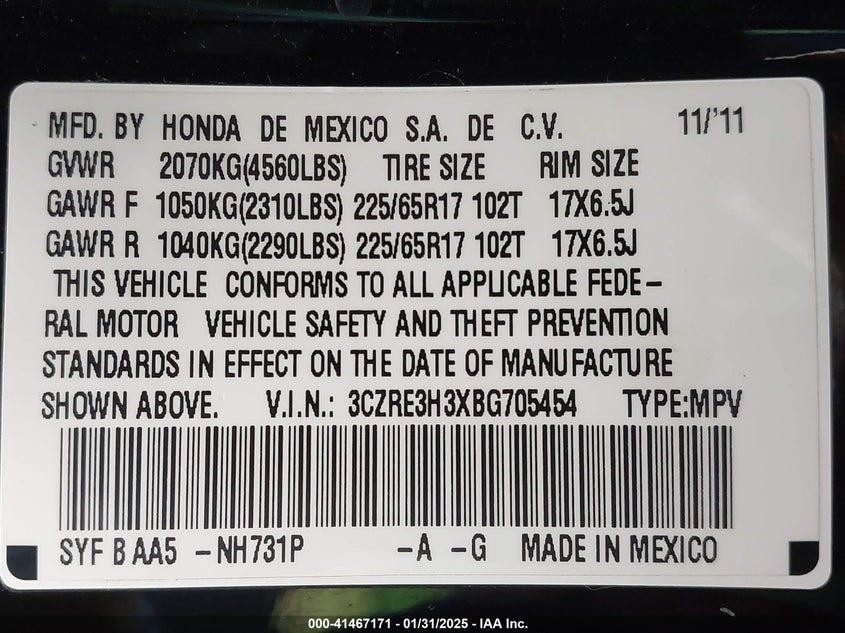 2011 HONDA CR-V VIN: 3CZRE3H3XBG705454