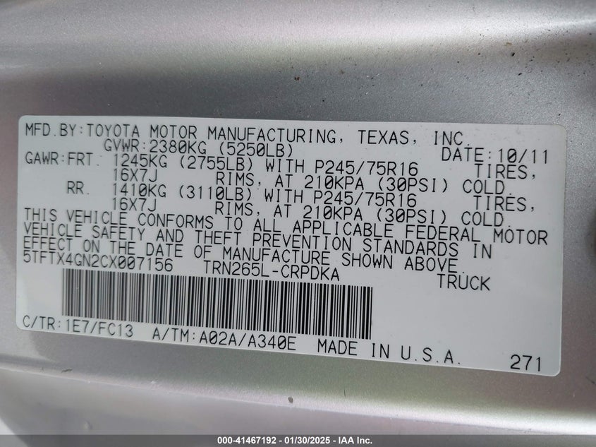 2012 Toyota Tacoma Prerunner VIN: 5TFTX4GN2CX007156 Lot: 41467192
