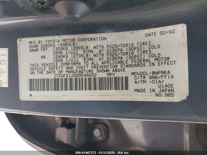 2002 Toyota Highlander Limited V6 VIN: JTEGF21A520046602 Lot: 41467273