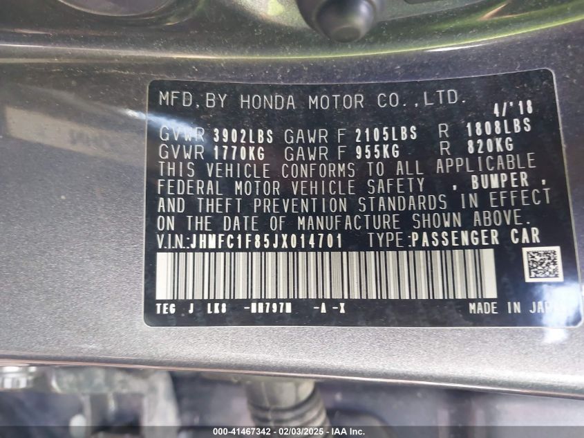 2018 Honda Civic Ex-L VIN: JHMFC1F85JX014701 Lot: 41467342