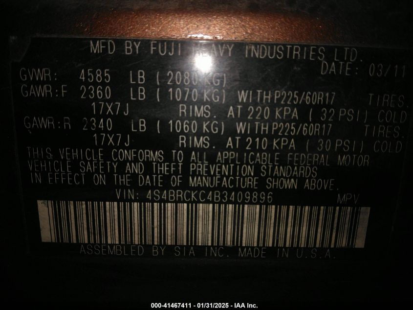 2011 Subaru Outback 2.5I Limited VIN: 004S4BRCKC4B34098 Lot: 41467411