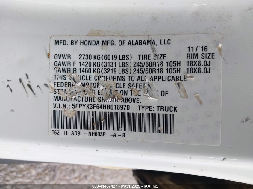 2017 HONDA RIDGELINE RTL-T - 5FPYK3F64HB018970