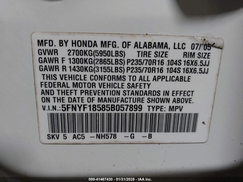 2005 Honda Pilot Ex-L VIN: 5FNYF18675B057899 Lot: 41467430