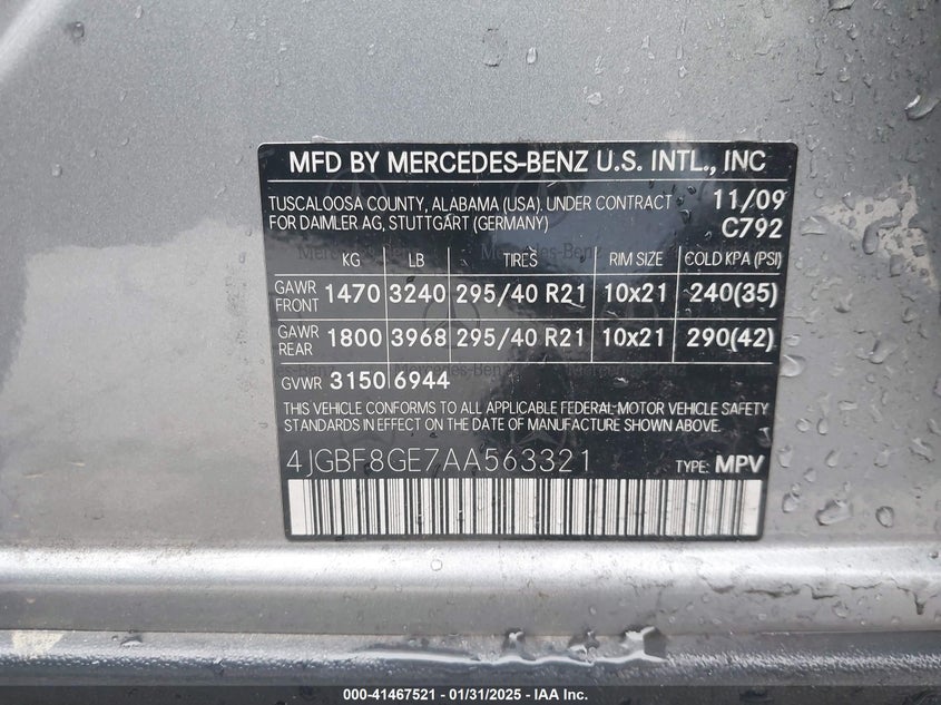 2010 Mercedes-Benz Gl 550 4Matic VIN: 4JGBF8GE7AA563321 Lot: 41467521