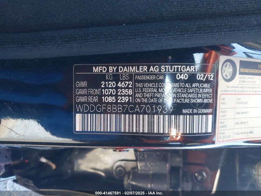 2012 MERCEDES-BENZ C 300 VIN: WDDGF8BB7CA701939