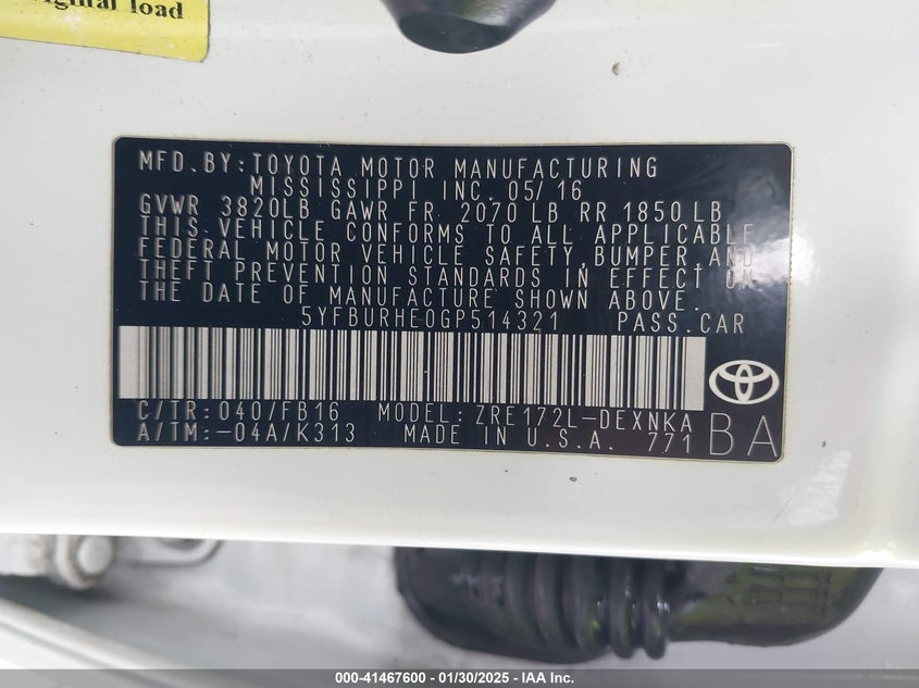 2016 TOYOTA COROLLA VIN: 5YFBURHE0GP514321