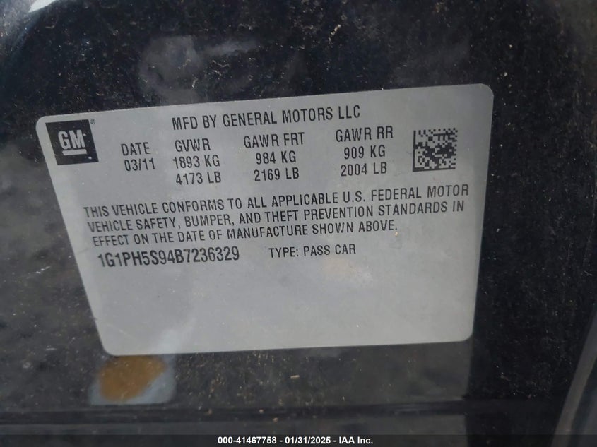 2011 CHEVROLET CRUZE VIN: 1G1PH5S94B7236329