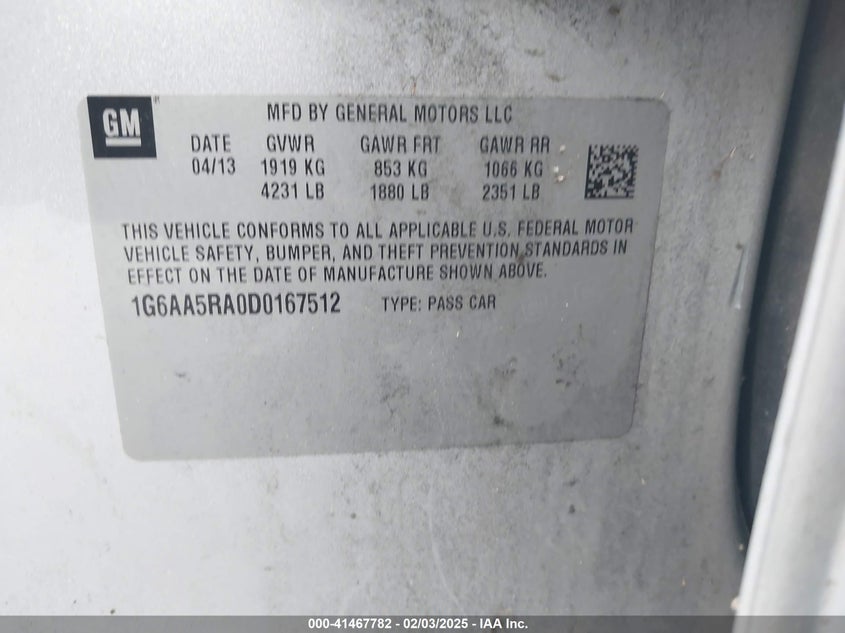 2013 Cadillac Ats Standard VIN: 1G6AA5RA0D0167512 Lot: 41467782