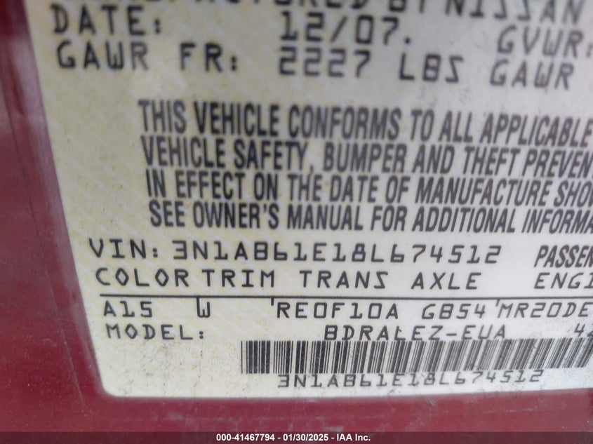 2008 Nissan Sentra 2.0S VIN: 3N1AB61E18L674512 Lot: 41467794