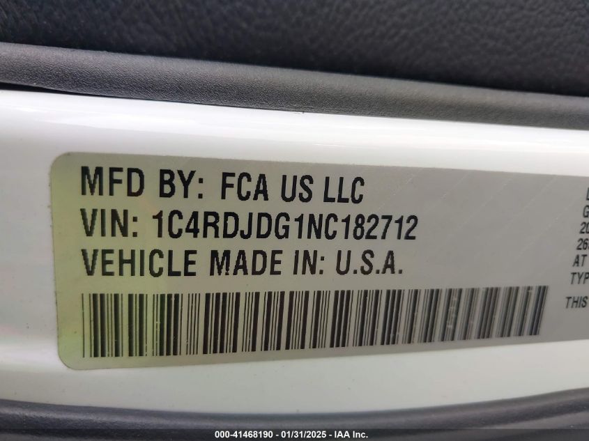 2022 Dodge Durango Gt Plus Awd VIN: 1C4RDJDG1NC182712 Lot: 41468190