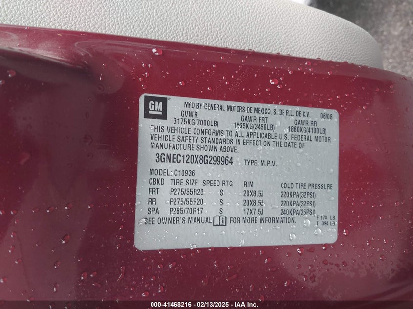 2008 CHEVROLET AVALANCHE 1500 VIN: 3GNEC120X8G299964