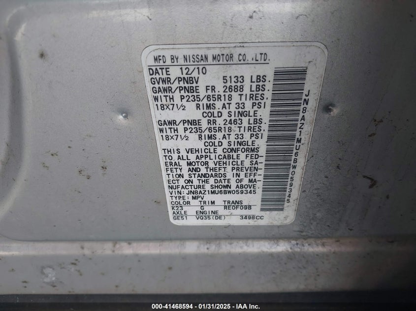 2012 Nissan Murano Le/S/Sl/Sv VIN: JN8AZ1MU6CW059345 Lot: 41468594