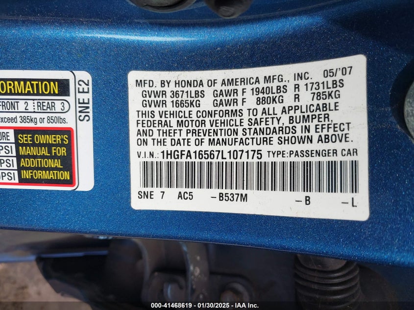 2007 HONDA CIVIC VIN: 1HGFA16567L107175