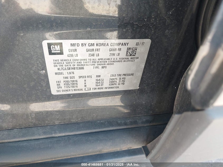 2017 CHEVROLET TRAX LT - KL7CJLSB1HB153686