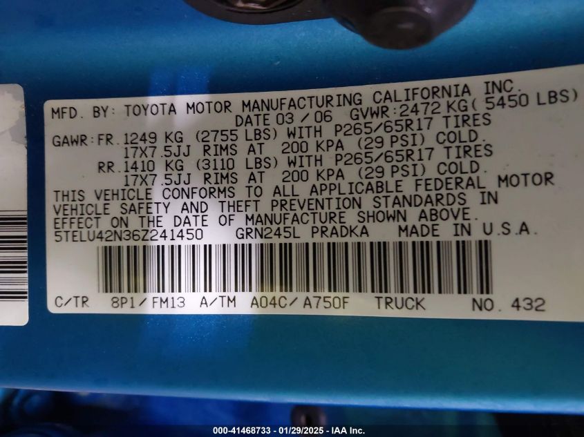 2006 Toyota Tacoma Double Cab VIN: 5TELU42N36Z241450 Lot: 41468733