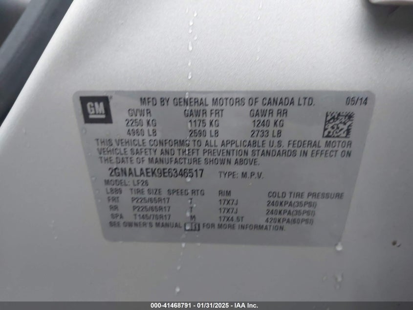 2014 CHEVROLET EQUINOX VIN: 2GNALAEK9E6346517