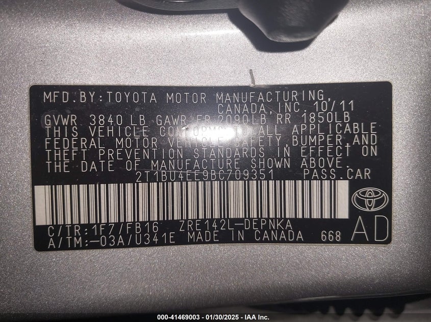 2011 TOYOTA COROLLA VIN: 2T1BU4EE9BC709351