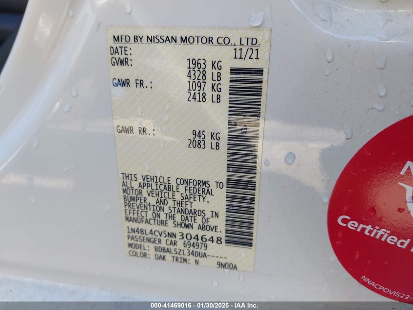 2022 NISSAN ALTIMA VIN: 1N4BL4CV5NN304648
