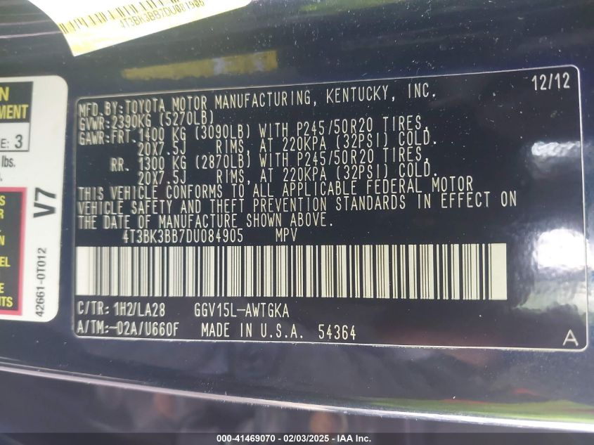 2013 Toyota Venza Le V6/Limited V6/Xle V6 VIN: 4T3BK3BB7DU084905 Lot: 41469070