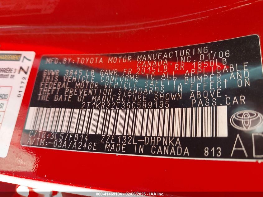 2006 Toyota Matrix Xr VIN: 2T1KR32E36B589195 Lot: 41469104