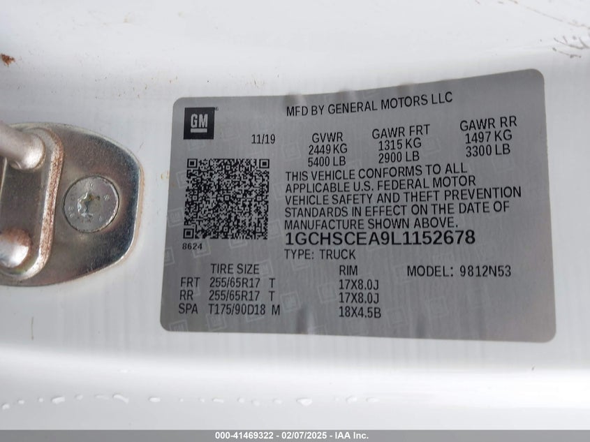 2020 CHEVROLET COLORADO VIN: 1GCHSCEA9L1152678