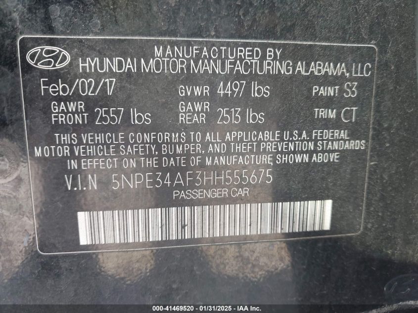 2017 Hyundai Sonata Sport VIN: 5NPE34AF3HH555675 Lot: 41469520
