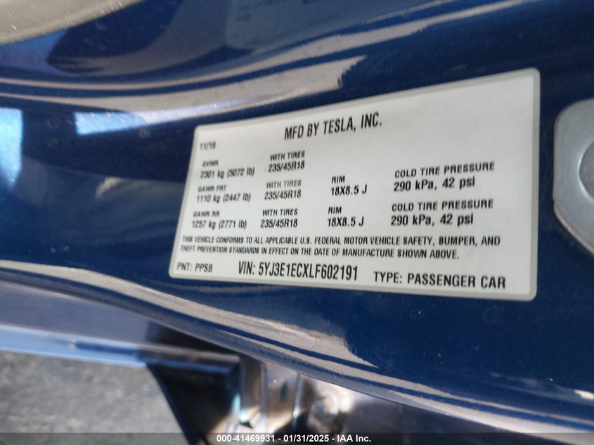 2020 TESLA MODEL 3 VIN: 5YJ3E1ECXLF602191