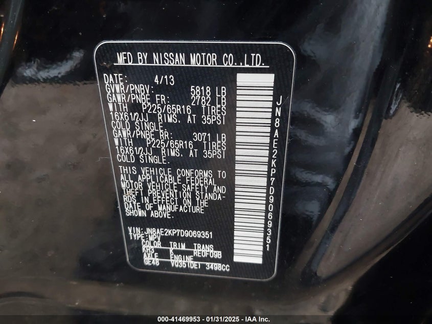 2013 NISSAN QUEST VIN: JN8AE2KP7D9069351