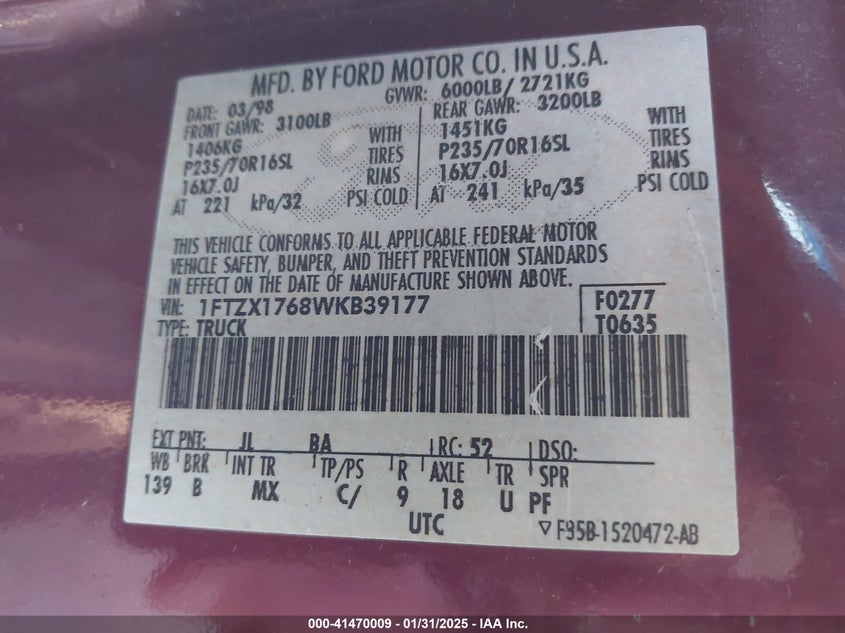 1998 Ford F-150 Lariat/Standard/Xl/Xlt VIN: 1FTZX1768WKB39177 Lot: 41470009