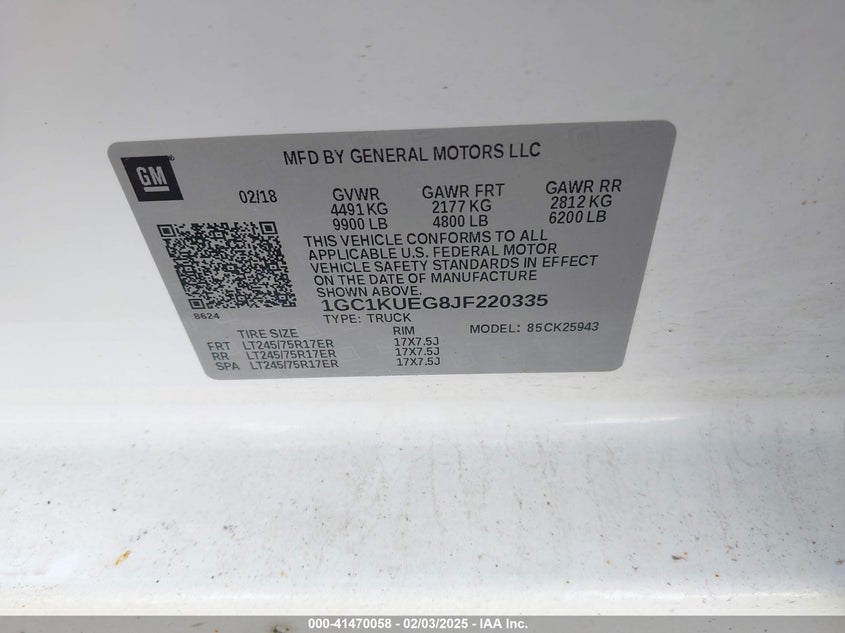 2018 CHEVROLET SILVERADO 2500HD VIN: 1GC1KUEG8JF220335