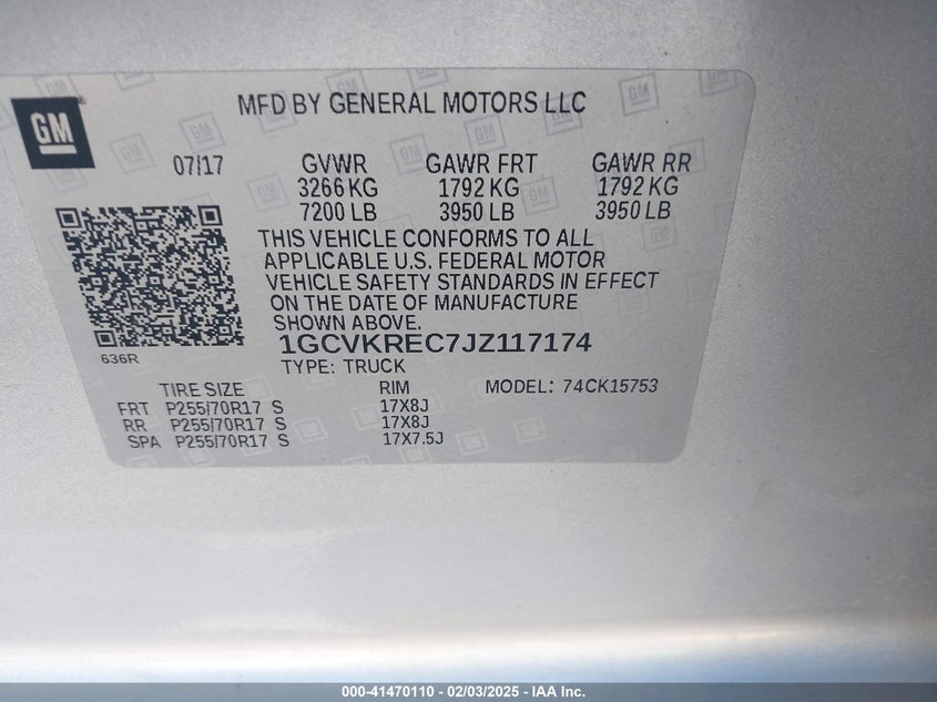2018 CHEVROLET SILVERADO 1500 VIN: 1GCVKREC7JZ117174