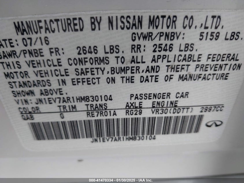 2017 INFINITI Q50 VIN: JN1EV7AR1HM830104