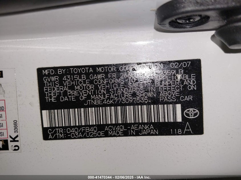2007 Toyota Camry Le VIN: JTNBE46K773097535 Lot: 41470344